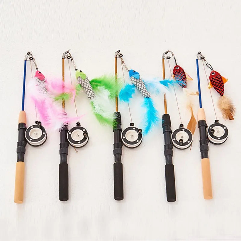 Stick Feather Wand Toys Cat Interactive Toy Fish-Shaped Telescopic Fishing Rod Cat Teaser Toy Supplies Random Color Cat Toys