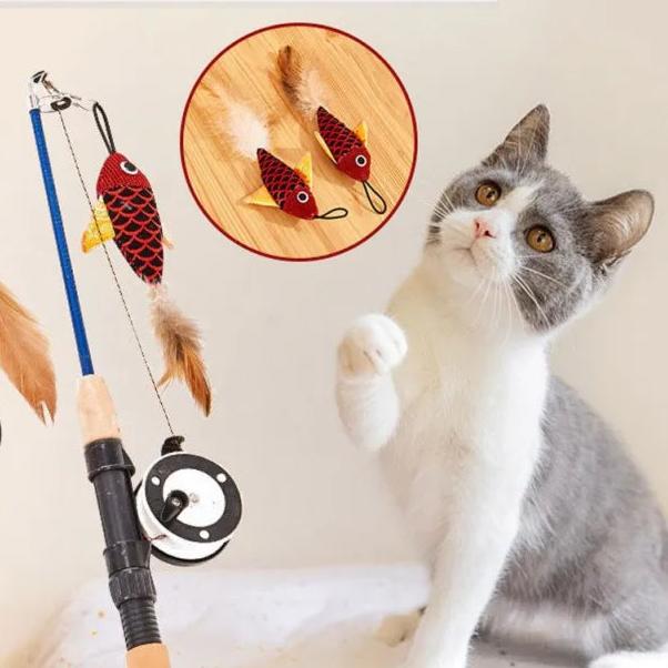 Stick Feather Wand Toys Cat Interactive Toy Fish-Shaped Telescopic Fishing Rod Cat Teaser Toy Supplies Random Color Cat Toys