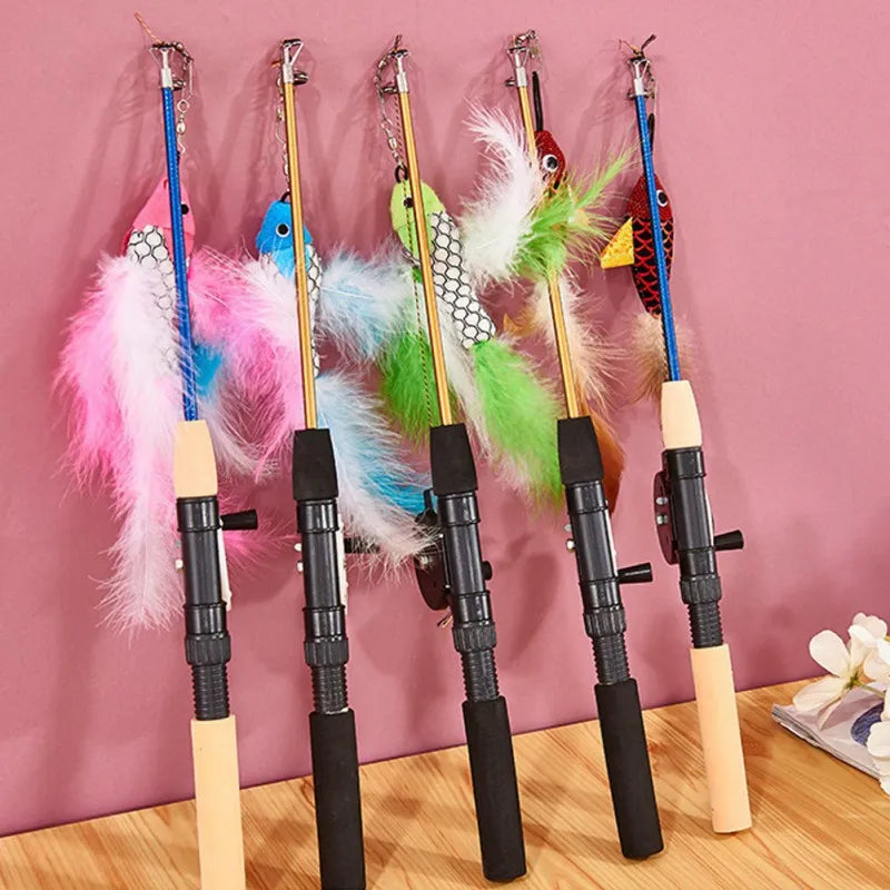 Stick Feather Wand Toys Cat Interactive Toy Fish-Shaped Telescopic Fishing Rod Cat Teaser Toy Supplies Random Color Cat Toys