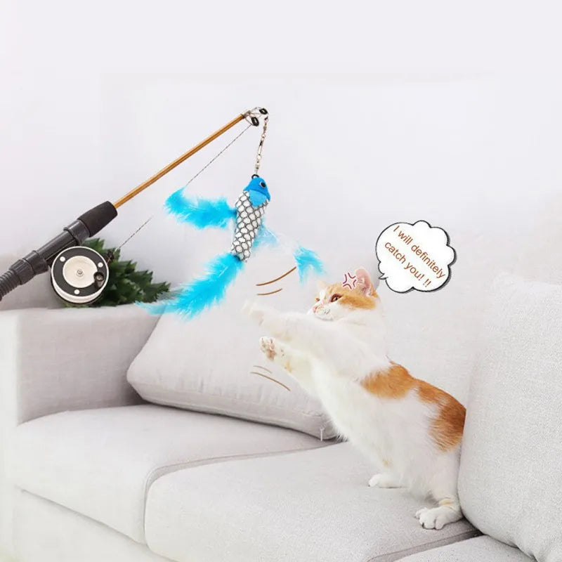 Stick Feather Wand Toys Cat Interactive Toy Fish-Shaped Telescopic Fishing Rod Cat Teaser Toy Supplies Random Color Cat Toys